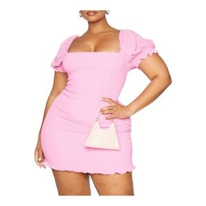 PrettyLittleThing Pink Smocked Bodycon Dress Ruffle Puff Sleeve‎ Women Size 12